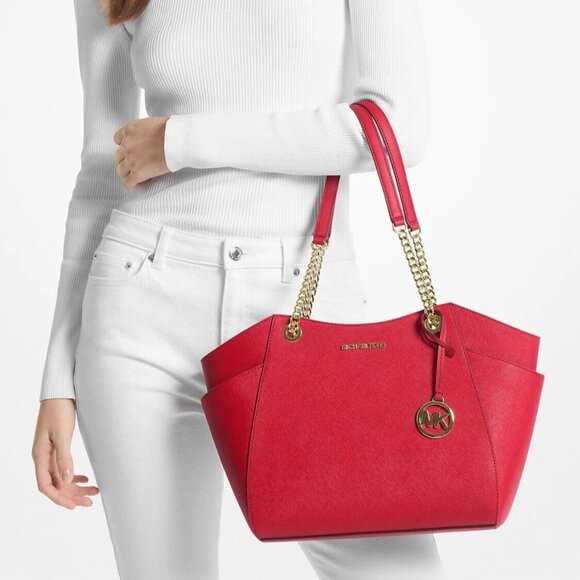 Michael Kors Jet Set Travel Large Chain Leather Shoulder Bag in Bright Red - Picture 3 of 4